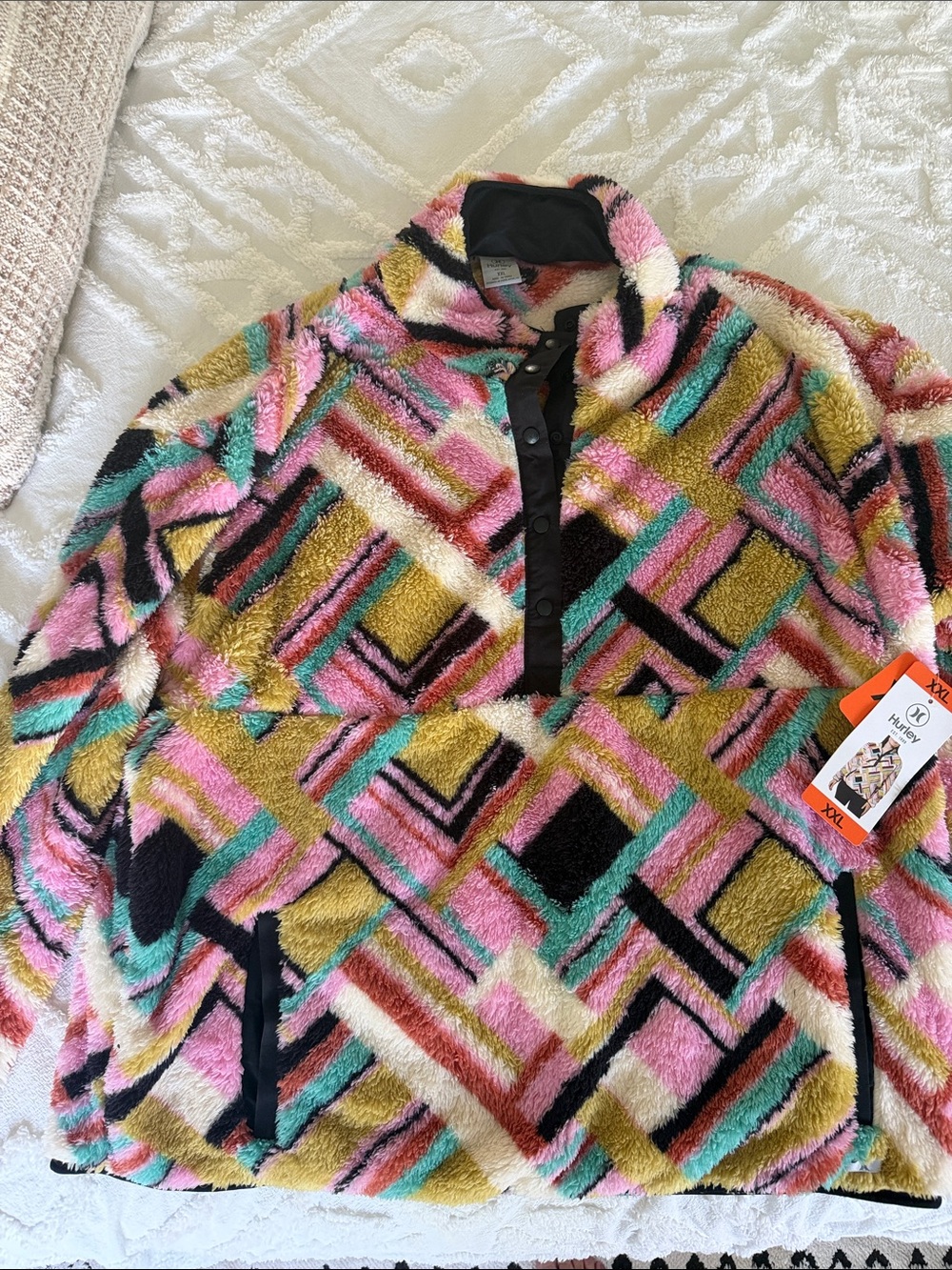 Hurley Multicolor Geo-Print Fleece Pullover - Pink, Teal, Mustard